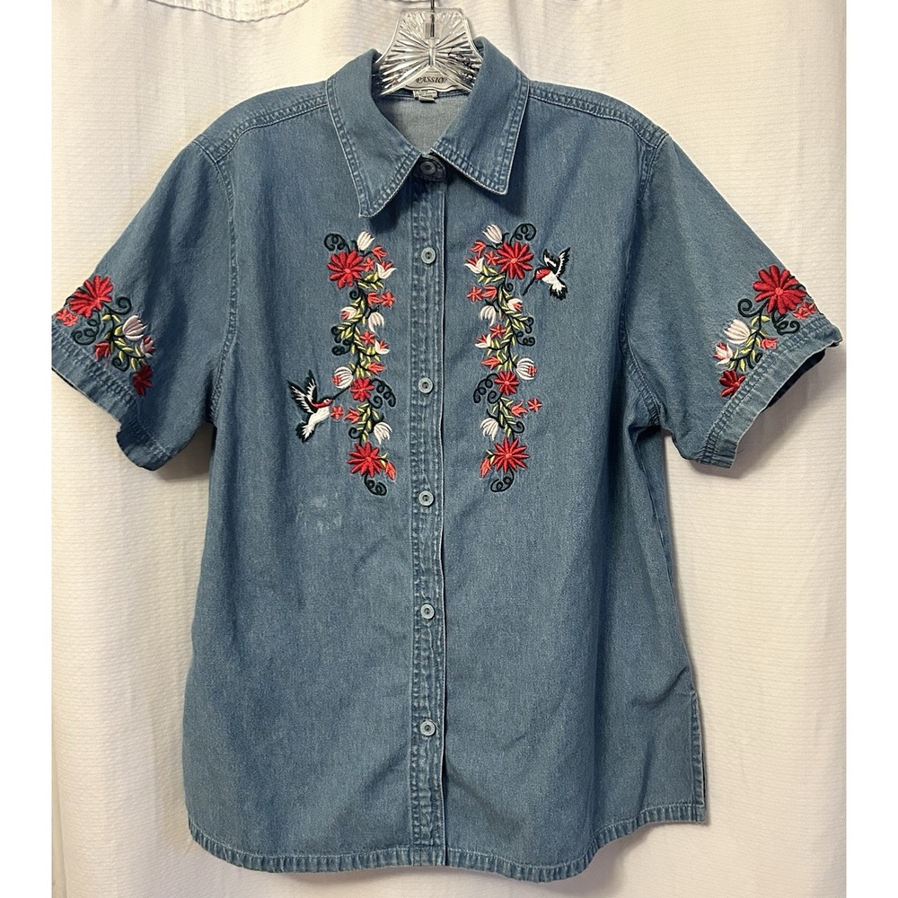 VTG Denim Shirt Womens M Embroidered Hummingbird Floral Grandmacore Short Sleeve